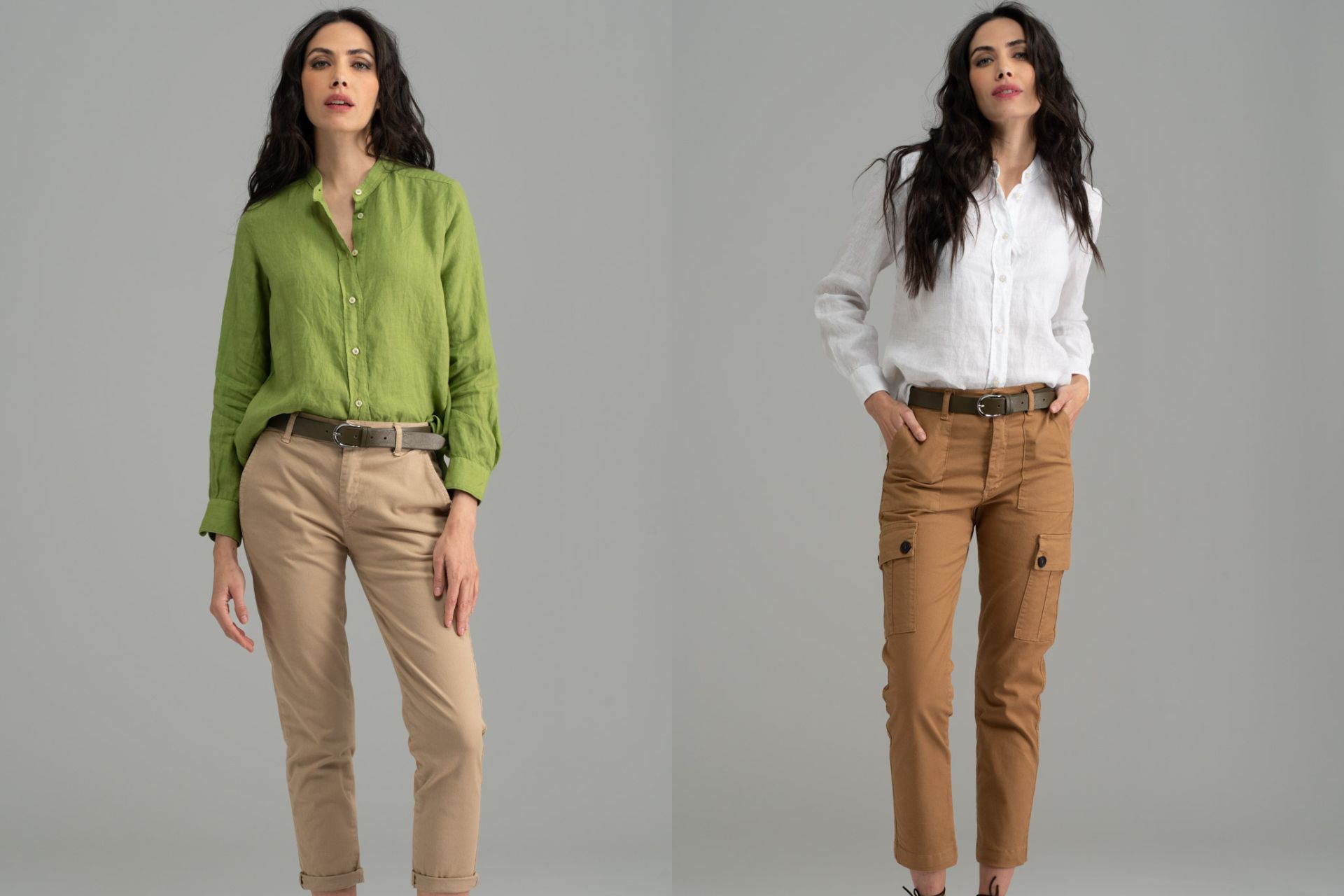 Donne che indossano la camicia di lino con pantalone chino e pantalone cargo